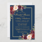 Burgundy Floral Blue Gold Brautparty Einladung (Vorderseite)