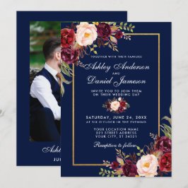 Burgundy Floral Blue Gold Foto Wedding Einladung