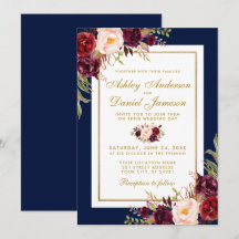 Burgundy Floral Blue Gold Hochzeit Einladung