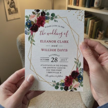Burgundy Floral Blue Gold Modern Geometric Wedding