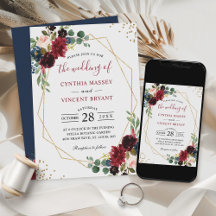 Burgundy Floral Blue Gold Modern Geometric Wedding