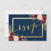 Burgundy Floral Blue Gold Script Wedding RSVP (Vorderseite)