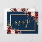 Burgundy Floral Blue Gold Script Wedding RSVP (Vorne/Hinten)