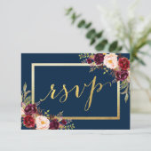 Burgundy Floral Blue Gold Script Wedding RSVP Karte (Stehend Vorderseite)