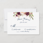 Burgundy Floral Blue Gold Script Wedding RSVP Karte (Rückseite)