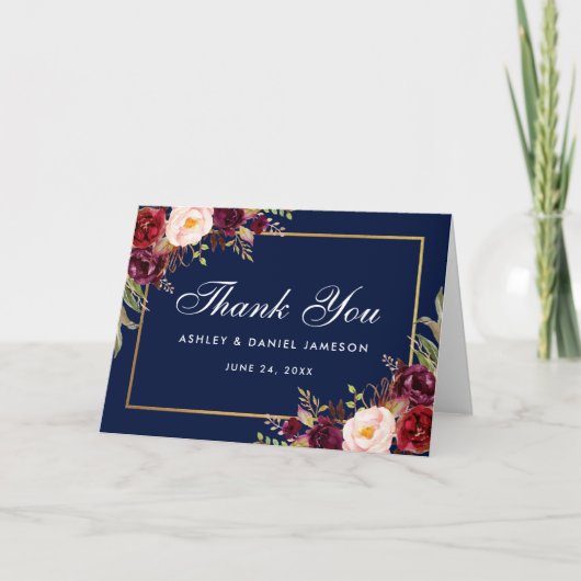 Burgundy Floral Blue Wedding Danke Fold Card (Vorderseite)