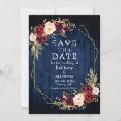 Burgundy Floral Blue Wood Geo Frame Foto Save The Date (Vorderseite)