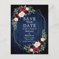Burgundy Floral Blue Wood Geo Frame Save the Date