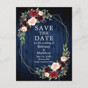 Burgundy Floral Blue Wood Geo Frame Save the Date Postkarte