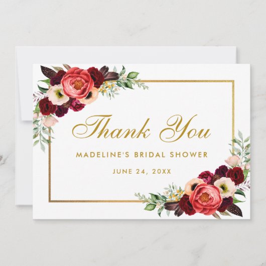 Burgundy Floral Boho Brautparty Danke Card W Save The Date (Vorderseite)