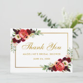 Burgundy Floral Boho Brautparty Danke Card W Save The Date (Stehend Vorderseite)