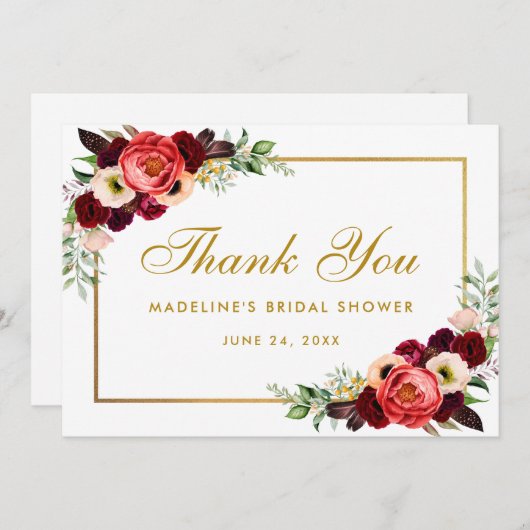 Burgundy Floral Boho Brautparty Danke Card W Save The Date (Vorne/Hinten)