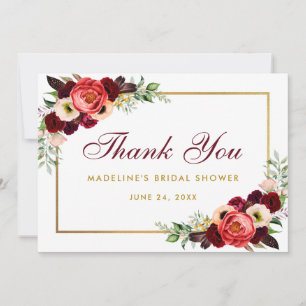 Burgundy Floral Boho Brautparty Dankkarte BW Save The Date