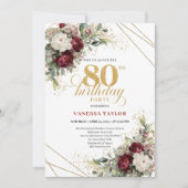 Burgundy Floral Boho Greenery 80th Birthday Einladung (Vorderseite)