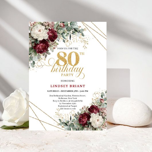 Burgundy Floral Boho Greenery 80th Birthday Einladung