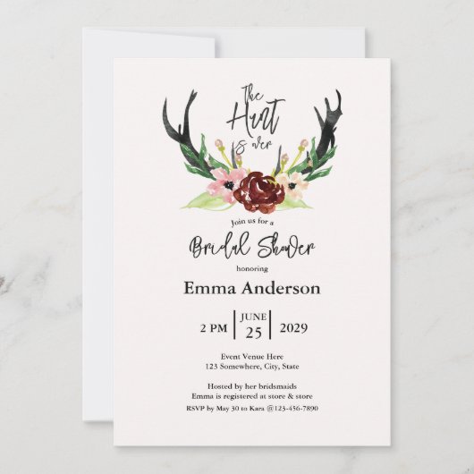 Burgundy Floral Boho Hunt ist über Brautparty Einladung (Vorderseite)