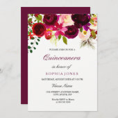 Burgundy Floral Boho Quinceanera Party Einladung (Vorne/Hinten)