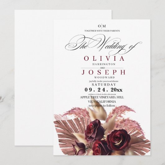 Burgundy Floral Boho Rustic Wedding Einladung (Vorne/Hinten)