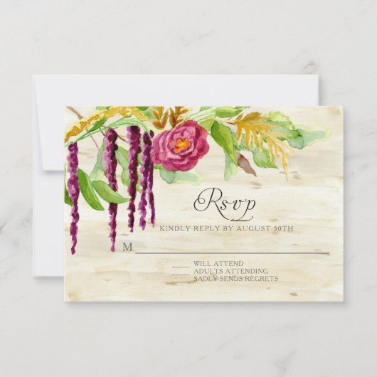 Burgundy Floral BOHO Rustic Wood UAWG Response RSVP Karte (Vorderseite)