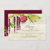 Burgundy Floral BOHO Rustic Wood UAWG Response RSVP Karte (Vorne/Hinten)