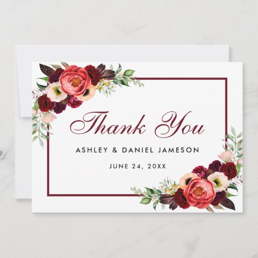 Burgundy Floral Boho Wedding Danke Karte B (Vorderseite)