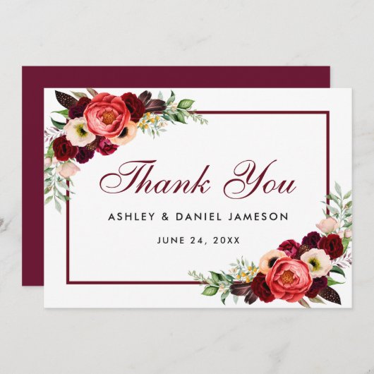 Burgundy Floral Boho Wedding Danke Karte B (Vorne/Hinten)