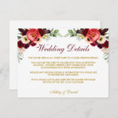 Burgundy Floral Boho Wedding Details Beilage Karte (Vorne/Hinten)