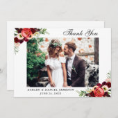 Burgundy Floral Boho Wedding Foto Dankeskarte (Vorne/Hinten)