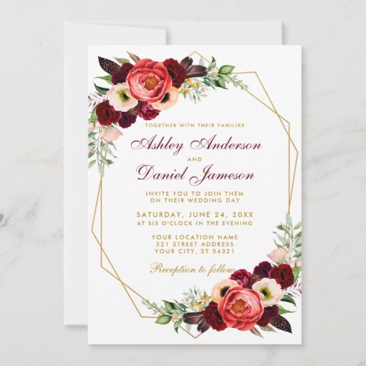 Burgundy Floral Boho Wedding Gold Frame W Einladung (Vorderseite)