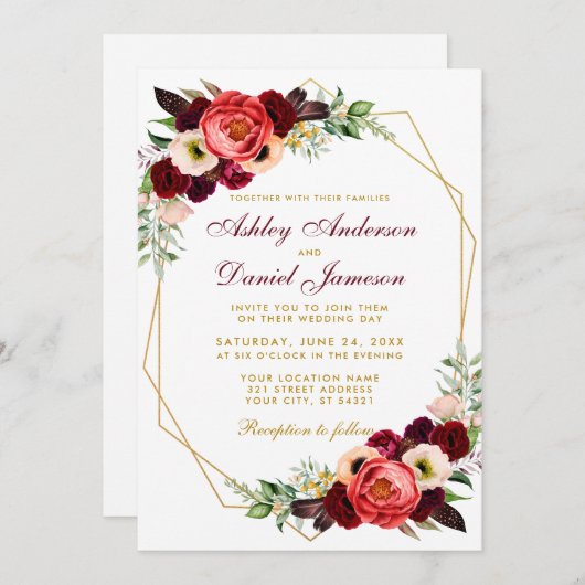 Burgundy Floral Boho Wedding Gold Frame W Einladung (Vorne/Hinten)