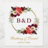 Burgundy Floral Boho Wedding Gold Wreath Weinetikett (Einzelnes Label)