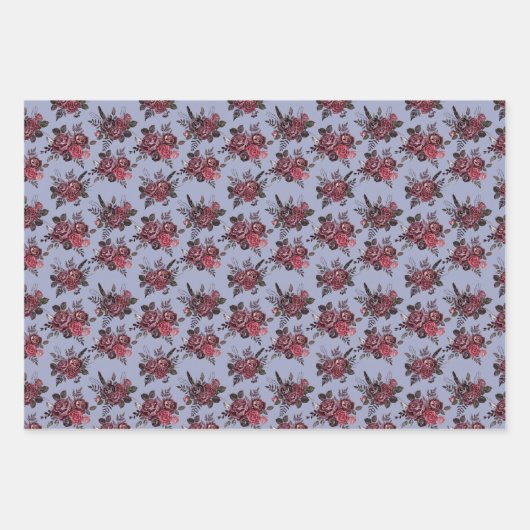 Burgundy Floral Bouquet auf Gray Blue Geschenkpapier Set (Vorderseite)