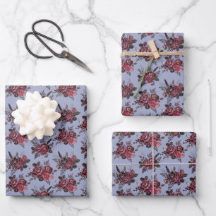 Burgundy Floral Bouquet auf Gray Blue Geschenkpapier Set