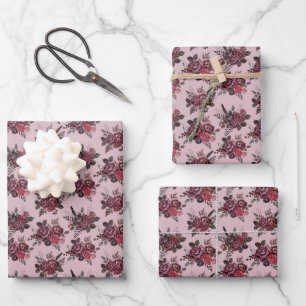 Burgundy Floral Bouquet auf Gray-Pink Geschenkpapier Set