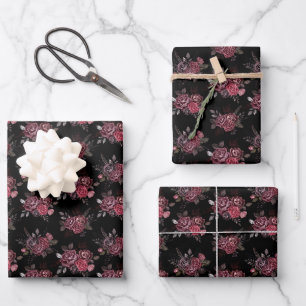 Burgundy Floral Bouquet auf schwarz Geschenkpapier Set