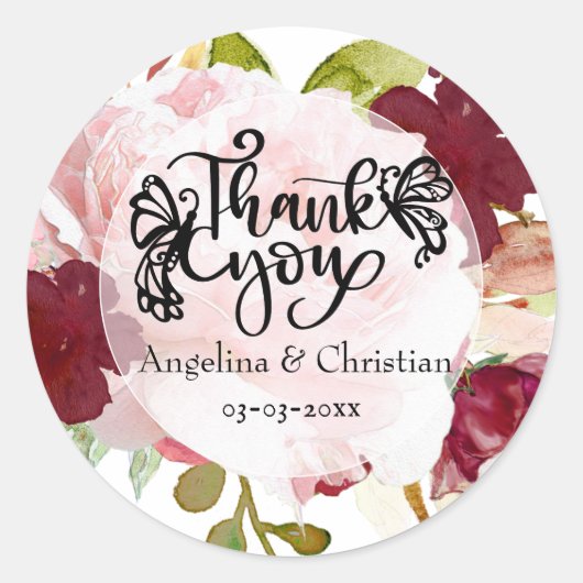 Burgundy Floral Bouquet Vielen Dank für Ihre Hochz Runder Aufkleber (Vorderseite)