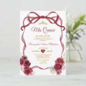Burgundy Floral Bow Ribbon Gold Crown Mis Quince Einladung (Stehend Vorderseite)
