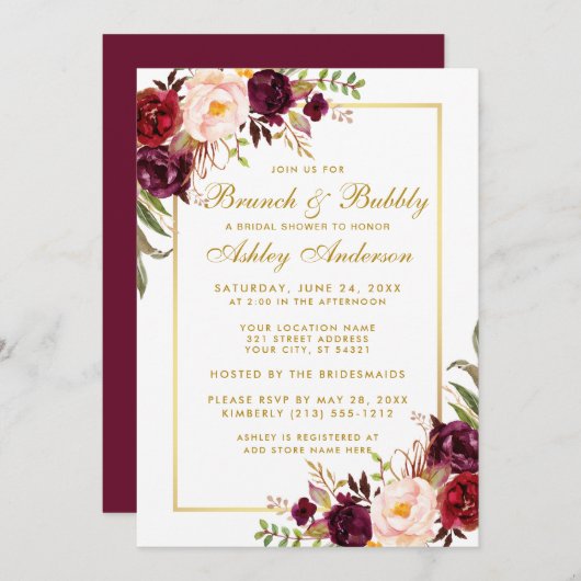 Burgundy Floral Brautparty Brunch Einladung Gold (Vorne/Hinten)