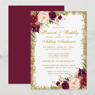 Burgundy Floral Brautparty Brunch Einladung Gold G