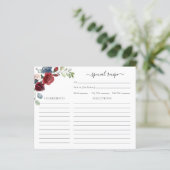 Burgundy Floral Brautparty Script Rezeptkarte (Stehend Vorderseite)