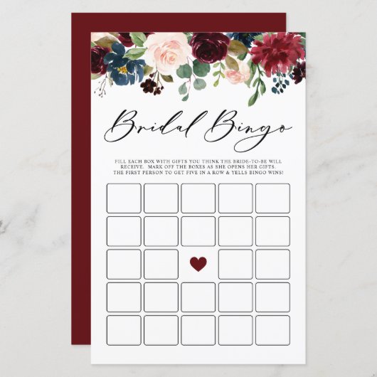 Burgundy Floral Bridal Bingo Brautparty Game (Vorne/Hinten)