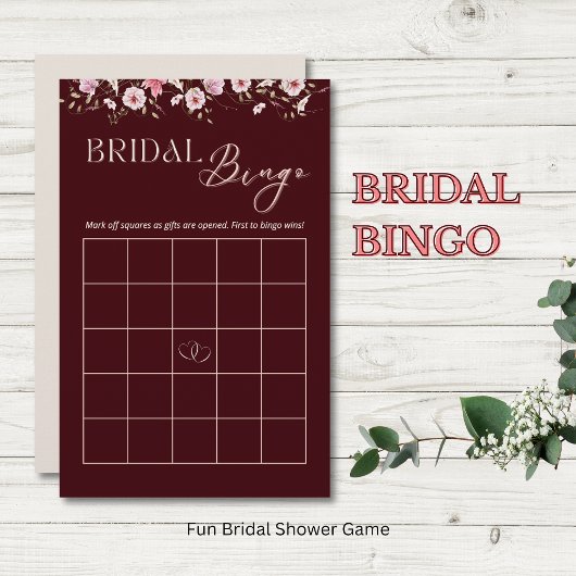 Burgundy Floral Bridal Bingo Game Card