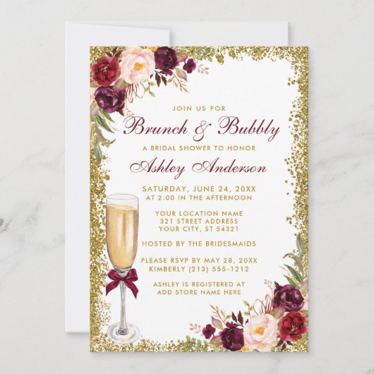 Burgundy Floral Bridal Brunch Bubbly Gold Glitzer Einladung (Vorderseite)
