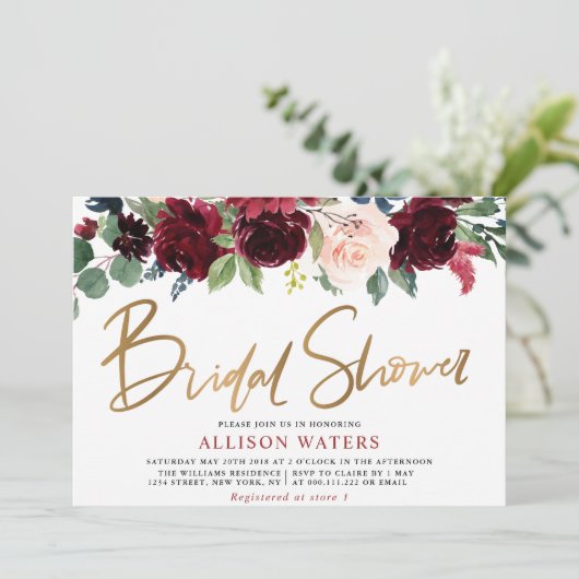 Burgundy Floral Bridal Shower Einladung (Stehend Vorderseite)