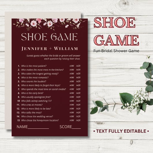 Burgundy Floral Bridal Shower Shoe Game