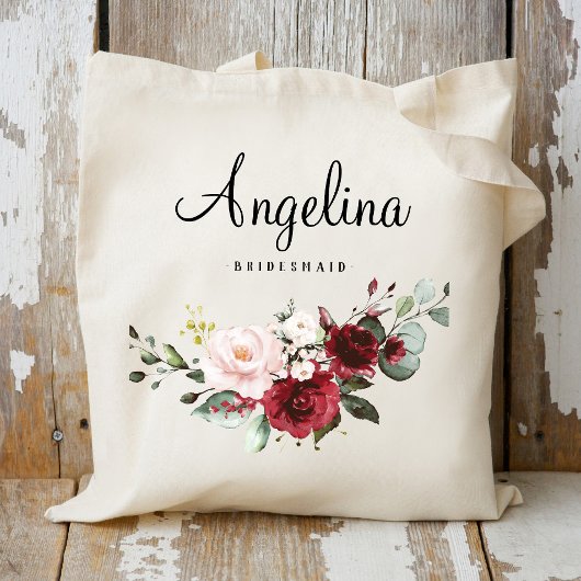 Burgundy Floral Bridesmaid Personalisiert Tragetasche