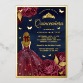 Burgundy Floral Butterfly Navy Quinceanera Gold Folieneinladung (Vorderseite)