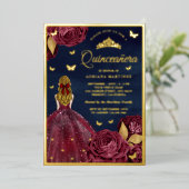 Burgundy Floral Butterfly Navy Quinceanera Gold Folieneinladung (Stehend vorne)