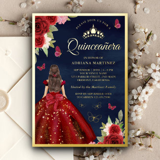 Burgundy Floral Butterfly Navy Quinceanera Gold Folieneinladung