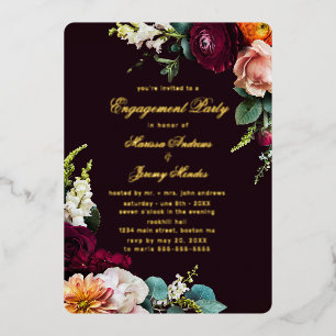 Burgundy Floral Calligrafy Engagement Party Gold Folieneinladung